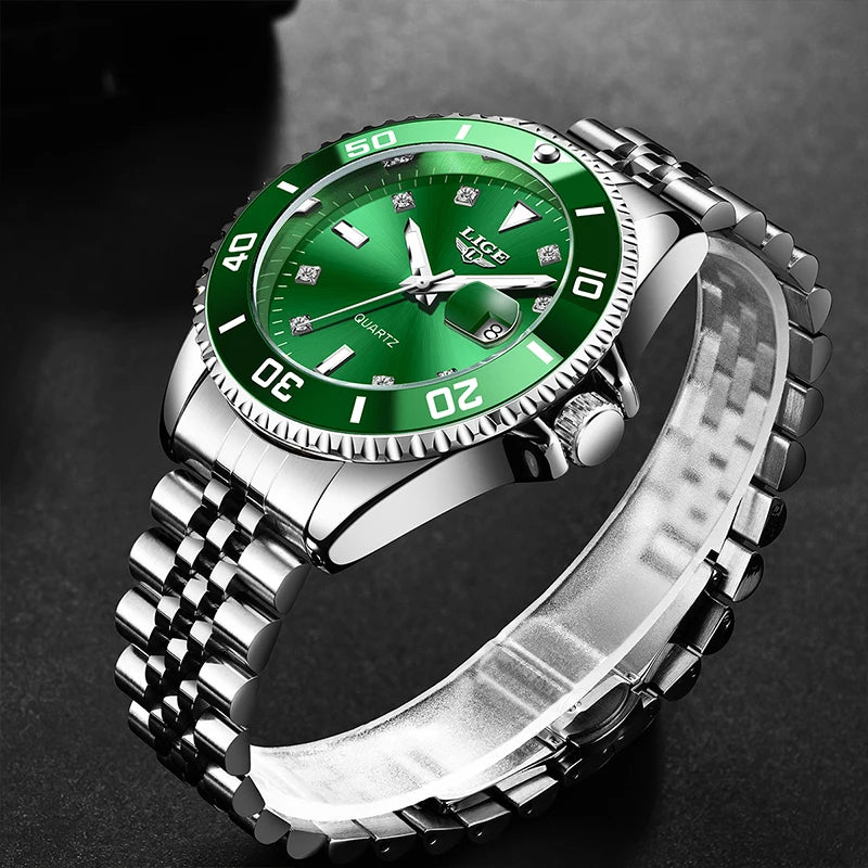 LIGE Fashion Man Watch Diamond Dial Business Watch Waterproof Calendar Butterfly Double Snap Stainless Steel Mens Watch Reloj