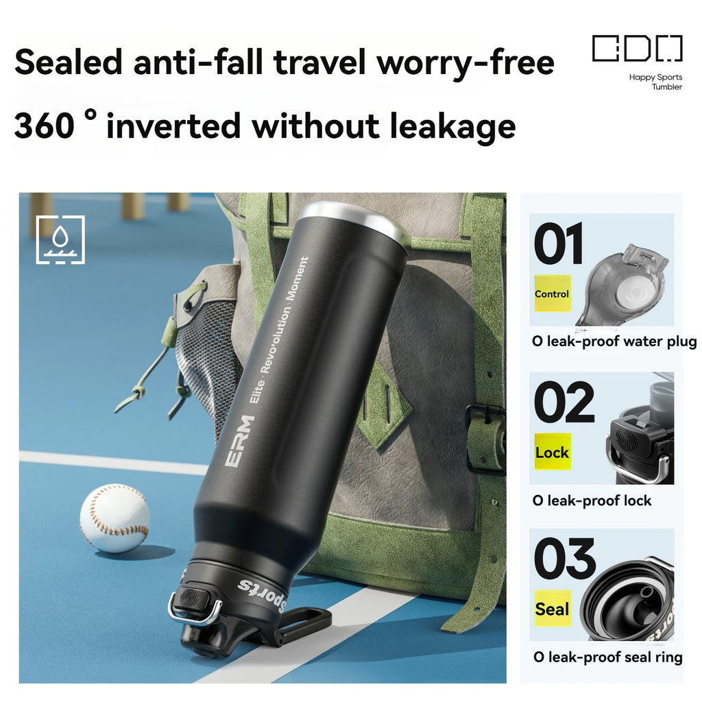Botella de agua aislada de acero inoxidable, termo para ciclismo, para bebidas frías y calientes, de doble pared, portátil, con asa, taza deportiva para exteriores