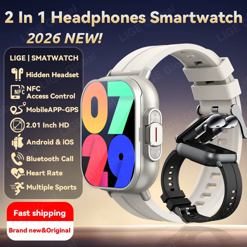 LIGE TWS Headphones Smartwatch 2 In 1 Headset Bluetooth Smart Watch 2.01" BT Call NFC GPS Tracker Heart Rate SpO2 Sport Bracelet