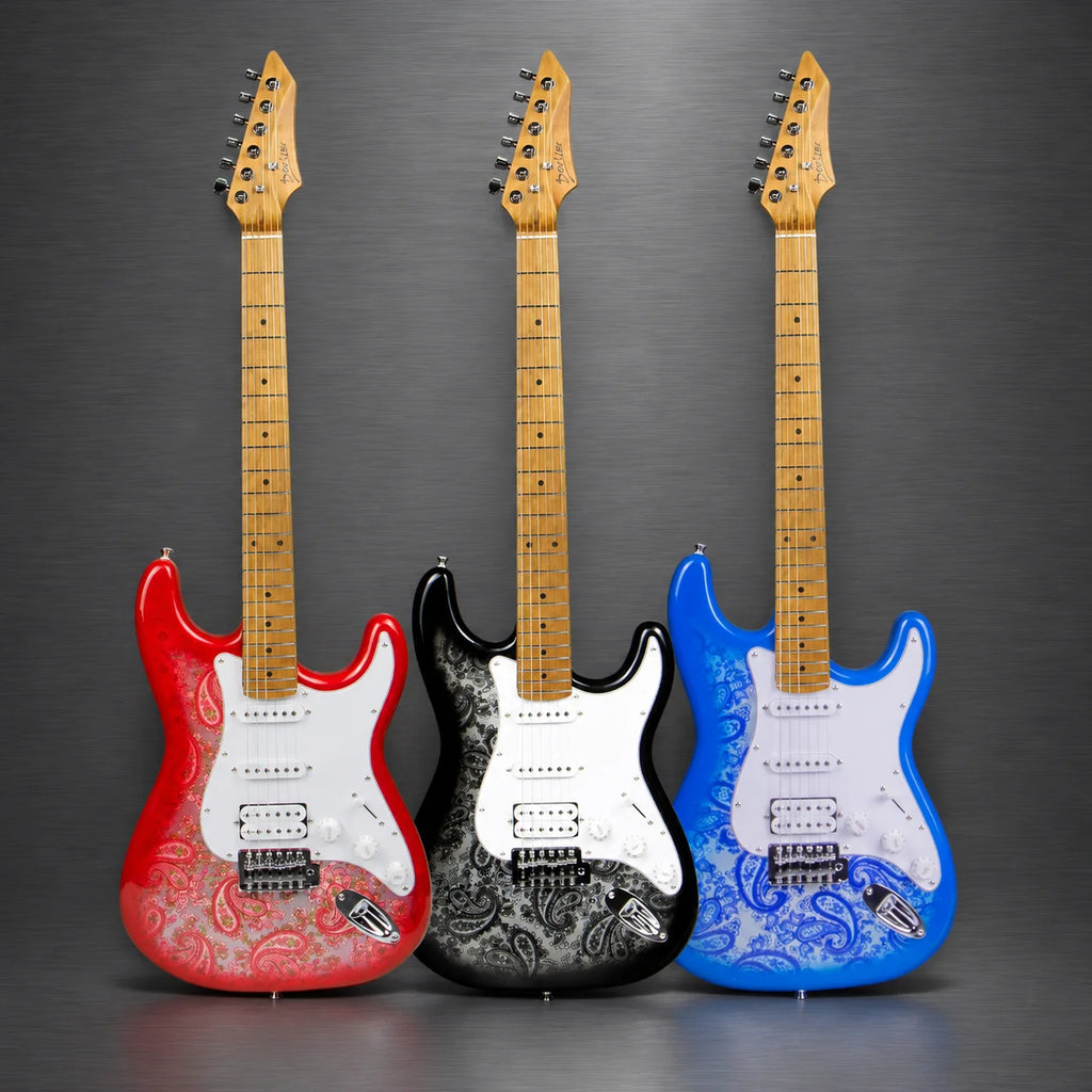 Guitarra eléctrica de estilo ST, 22 trastes, con diseño de estampado paisley, forma clásica ST, ideal para guitarristas de rock y blues.