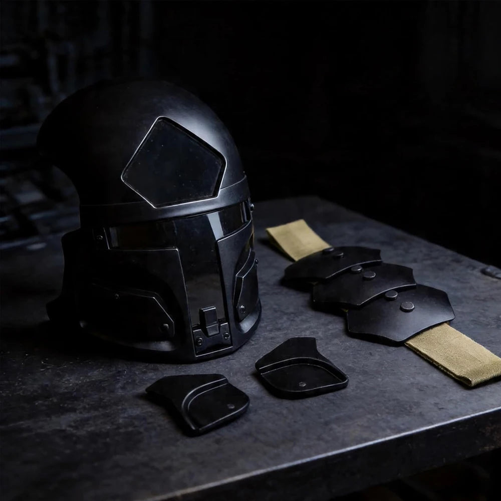 Casco de Cazador de Recompensas Galáctico 6 en 1 con Auriculares, Luz de Señalización, Casco Táctico Rápido, Máscara Futurista, Set de Cosplay de Ciencia Ficción y Airsoft