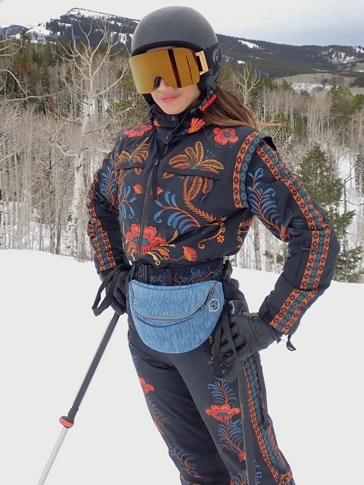 Mono de esquí vintage estampado para mujer, manga larga, con cremalleras, cuello alto y bolsillos, ropa de esquí de moda para mujer invierno 2026.