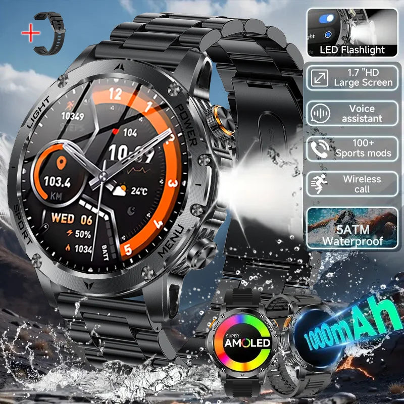 Reloj inteligente deportivo para exteriores con GPS 2026, pantalla AMOLED, linterna LED, frecuencia cardíaca, resistente al agua, llamadas por Bluetooth, batería de 1000 mAh, para hombre