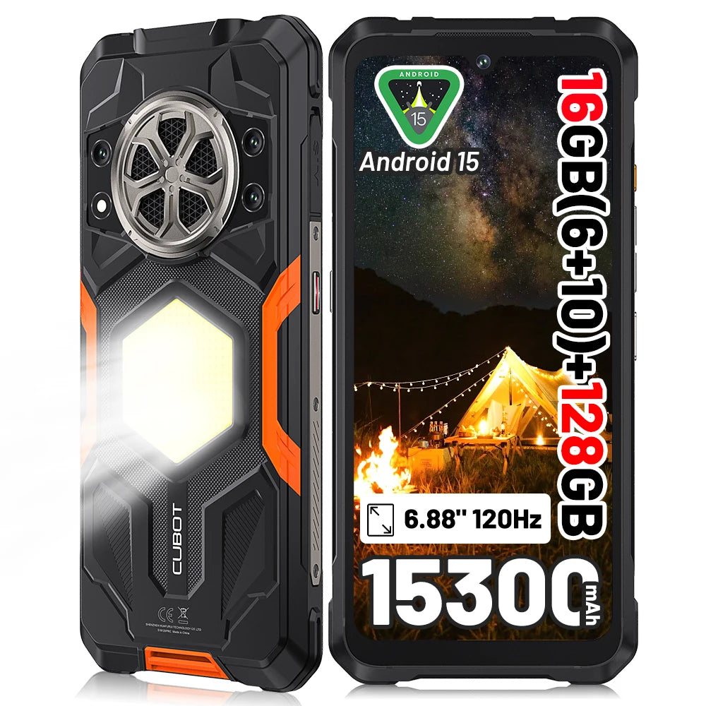 Smartphone ultrarresistente CUBOT KingKong Power 5 G100, 16 GB de RAM (6+10)+128 GB de ROM, Android 15, 15300 mAh, 6,88", 120 Hz, 64 MP, teléfono con luz para acampada