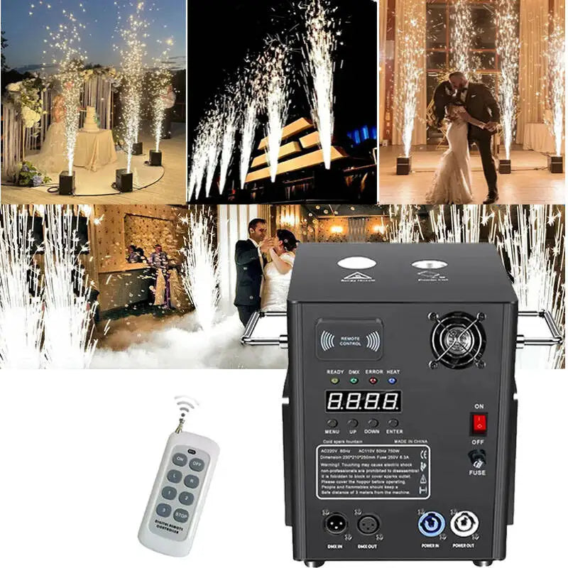 Máquina de chispas frías de 750W con control remoto DMX, máquina de efectos especiales, máquinas de fuegos artificiales para fiestas, bodas, discotecas, DJ, bares, eventos y bailes.