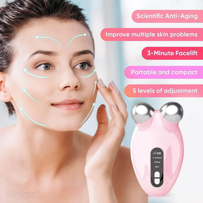 Rodillo masajeador Facial EMS, máquina de Estiramiento Facial de microcorriente, masajeador con rodillo Facial en V, rejuvenecimiento de la piel, dispositivo de belleza antiarrugas