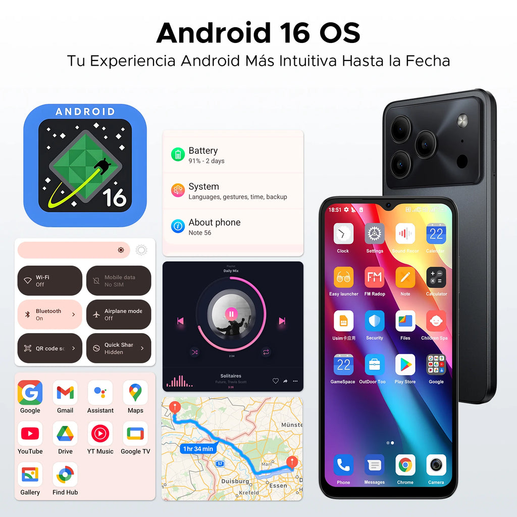 Smartphone DOOGEE Note 56 Android 16, batería grande de 6150 mAh, pantalla de 6.56" a 90 Hz, 24 GB + 64 GB, 8 MP + 5 MP, desbloqueo facial