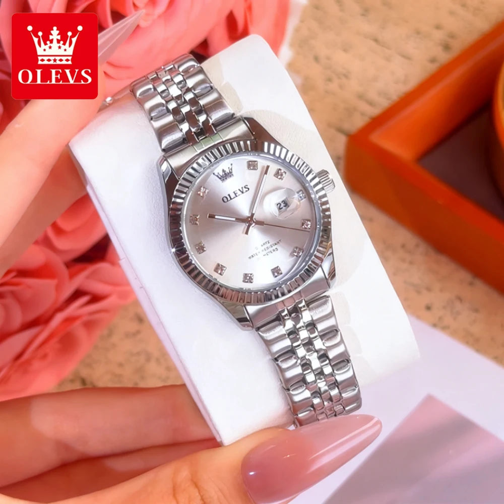Reloj de mujer OLEVS tendencia moda plata acero inoxidable marca original reloj de pulsera gran fecha textura bisel roscado impermeable