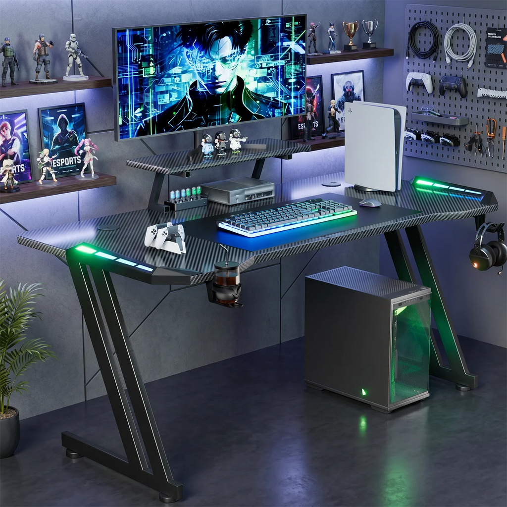 Escritorio para gaming con iluminación LED verde, soporte de monitor y teclado