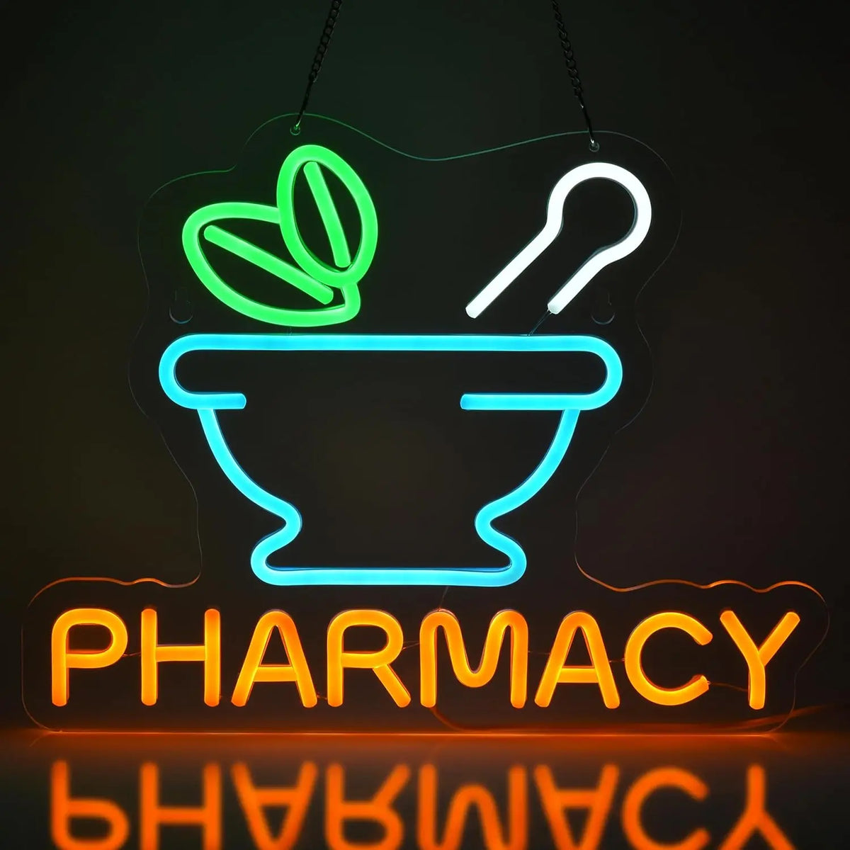 Cartel neón LED de farmacia con copa y PHARMACY; verde, azul y letras naranjas