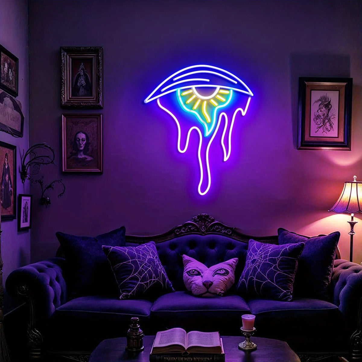 Letrero de neón con ojo surrealista, contorno azul y gotitas rosadas