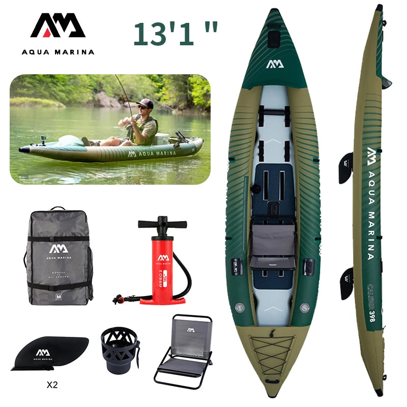 Kayak Inflable AQUA MARINA CALIBER para Pesca, Kayak para 2 Personas, Bote para Deportes Acuáticos, Canoa, Dinghy de PVC, Balsa con Asiento, 398x98cm