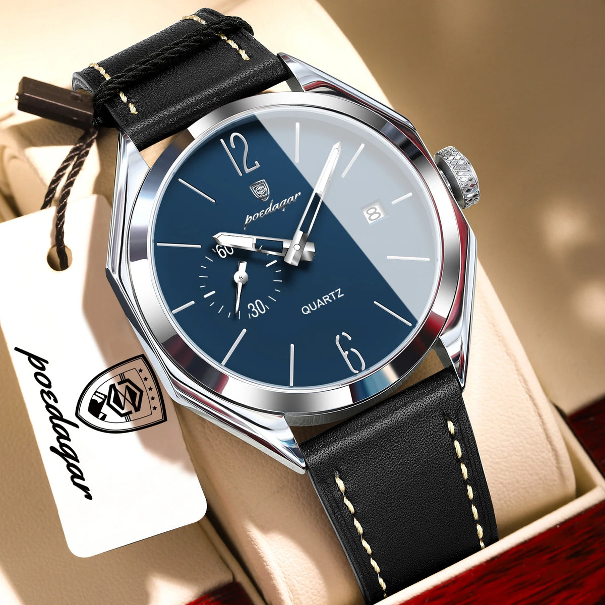 Reloj de hombre POEDAGAR de alta moda, con correa de piel, fecha, cuarzo, estilo negocios, resistente al agua, luminoso y casual