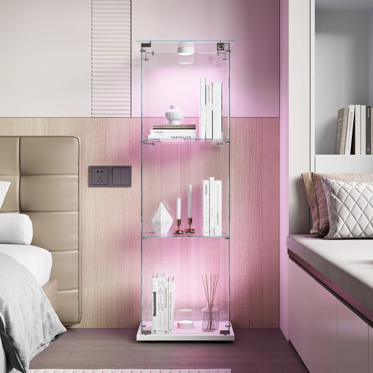 Vitrina de cristal con iluminación LED, vitrina de pie con 3 estantes de cristal y 2 puertas de cristal, con cerradura, vitrina para sala de estar, oficina, coleccionables, libros, vino, blanco
