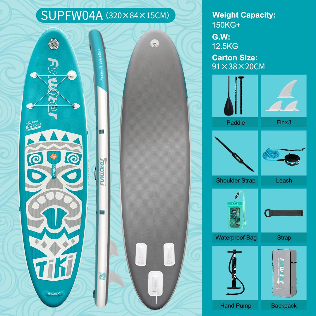 Funwater SUPFW36B Tabla Paddle Surf Hinchable Tabla SUP 335x84x15cm 165kg+ Rosa Flores Turquesa EVA Antideslizante Soporte Cámara Tres Quillas Lagos Costa Yoga Pesca Travesía Vacaciones Kit Accesorios