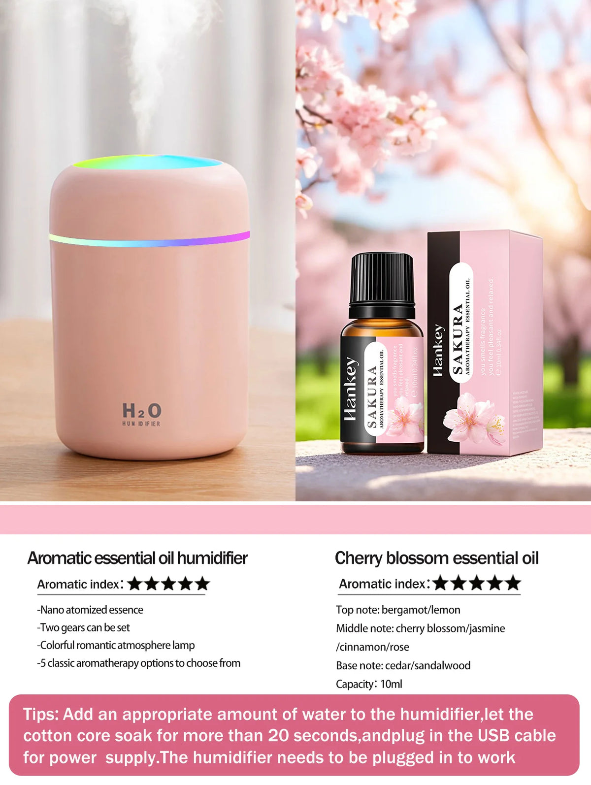 Difusor de aromaterapia de 300ml, humidificador, purificador de aire, uso doméstico en el coche, aceite esencial de aromaterapia con luz de siete colores