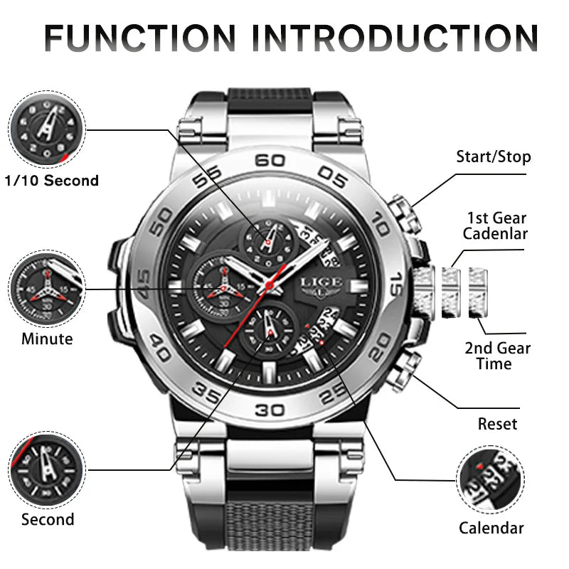 Reloj de lujo LIGE 2026 para hombre, reloj militar de cuarzo con correa de silicona, cronógrafo impermeable con calendario de marca superior