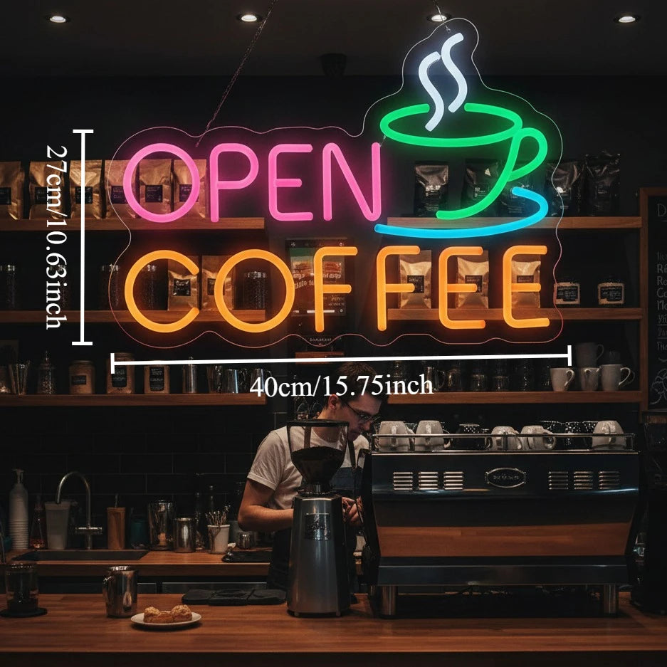 Cartel de neón «OPEN COFFEE» en cafetería, con tamaño de 40 cm