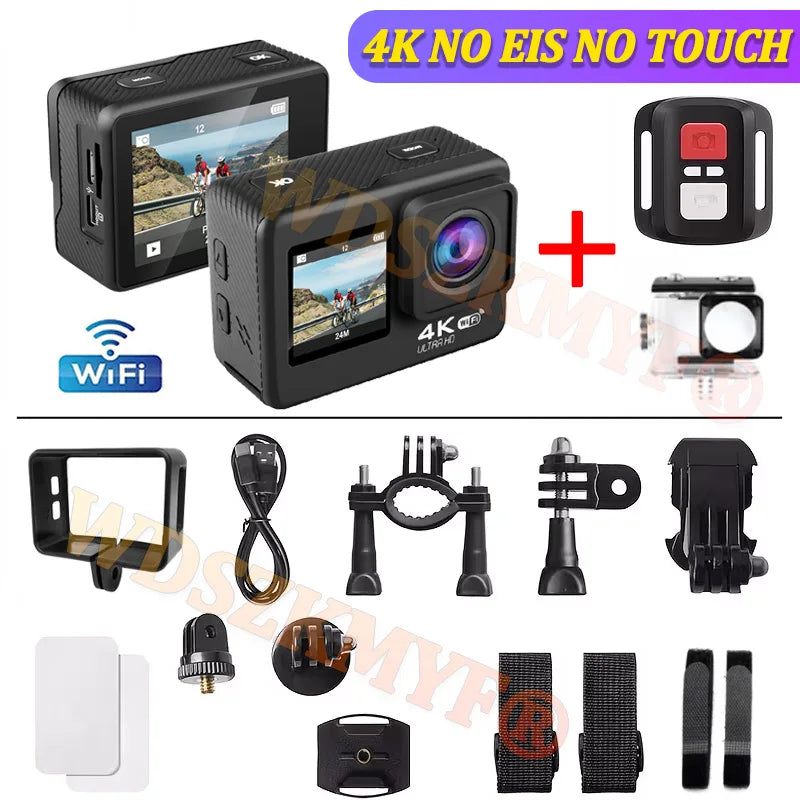Cámara de Acción 5K 4K Resistente al Agua, Cámara de Buceo Subacuática 30M, Pantalla Dual Táctil de 2.0+1.3 Pulgadas, Kit Antivibración EIS para Casco de Motocicleta/Bicicleta