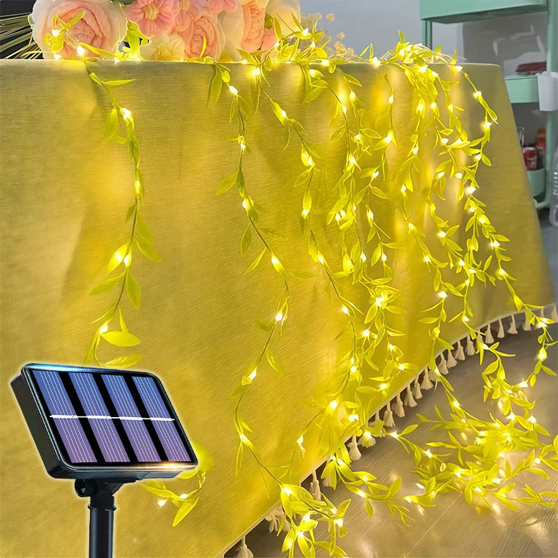 Guirnalda de 50/100 luces LED verdes con hojas de hiedra artificial y energía solar, con 8 modos para decoración de jardines, bodas y Navidad