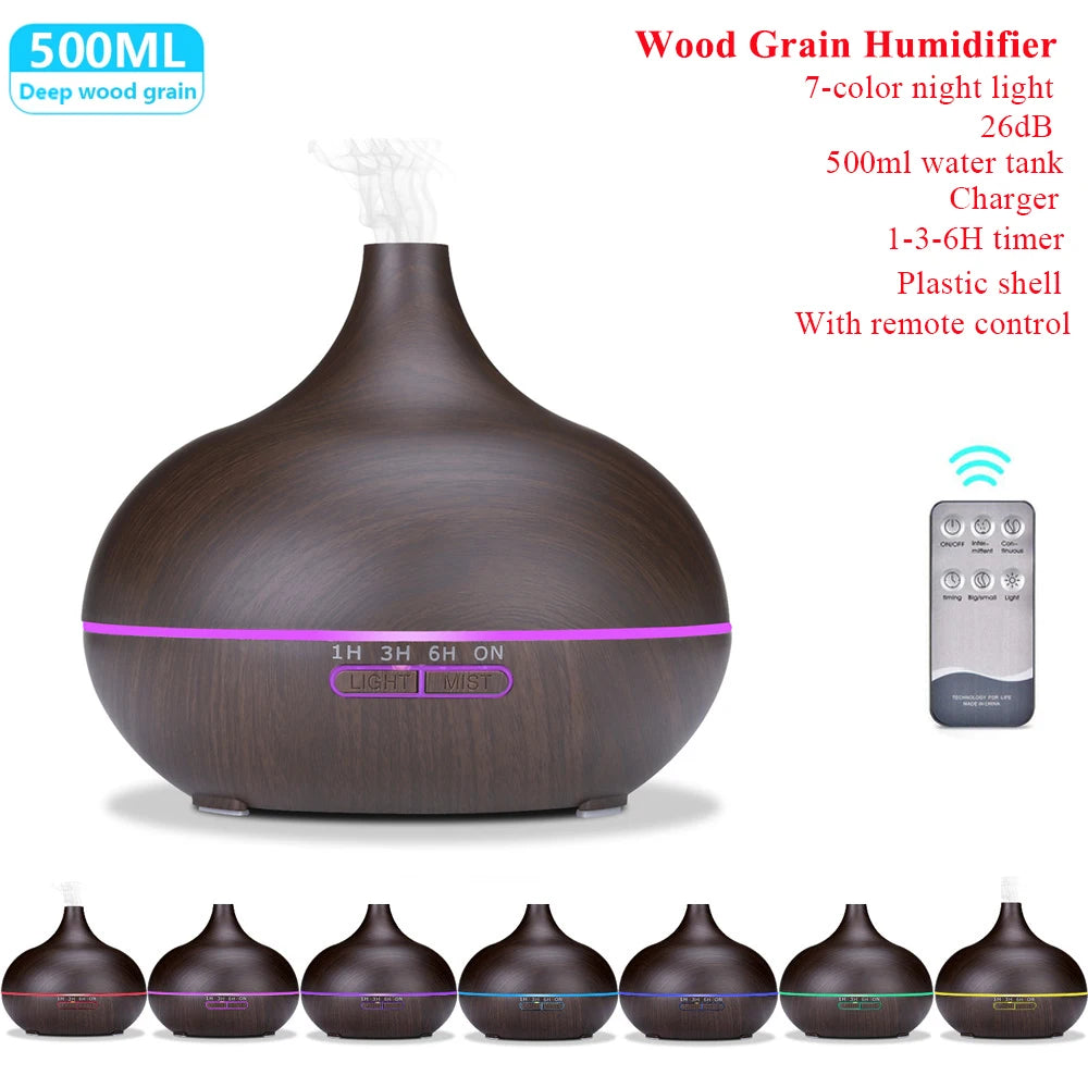 Humidificador de aceite esencial con Control remoto, difusor de Aroma ultrasónico con LED de 7 colores, 300ml, 500ml, para el hogar
