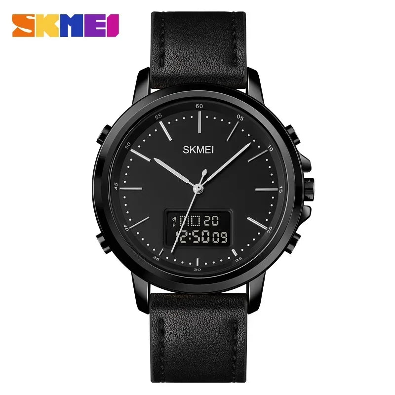 SKMEI 1652 Reloj impermeable con correa de cuero para hombre, reloj de pulsera digital, cronógrafo, alarma, pantalla dual, informal