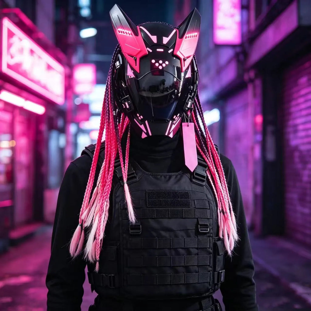 Cyberpunk máscara futurista Techwear, decoración de casco de Cosplay de Halloween con trenza ligera y sucia, Caballero de estilo guerrero japonés Sty