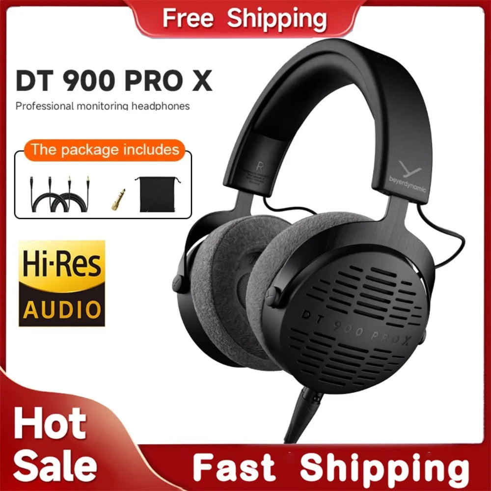 Auriculares Beyerdynamic DT 900 PRO X con diadema negra y almohadillas grises, cable