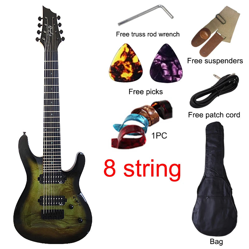 Guitarra Eléctrica de 7 y 8 Cuerdas, 39 Pulgadas, Tapa de Madera de Okoume, Cuerpo de Madera de Okoume, Mástil de Arce Canadiense, Acabado Brillante, Alta Calidad, Rojo y Azul