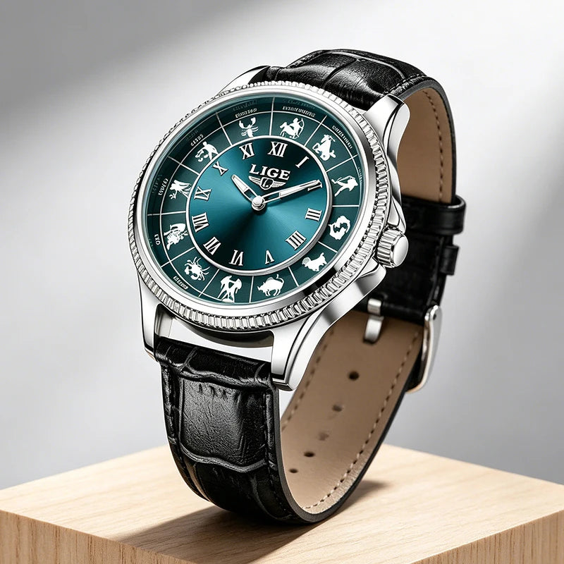 LIGE Zodiac Men Watch Top Brand Luxury Leather Roman Numeral Quartz Watch Men Fashion Business Luminous Wristwatch Gift for Men