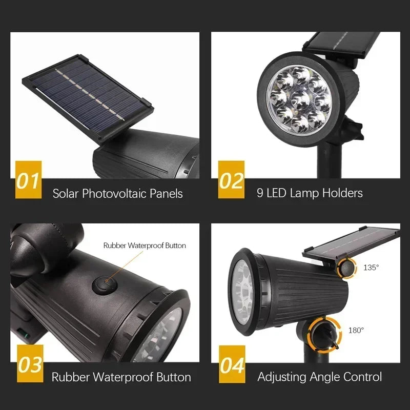 1/2 uds. Focos solares para exteriores, luz solar ajustable para paisajes, 9 LED RGB, impermeables, para árboles, jardín, estanque, patio y camino
