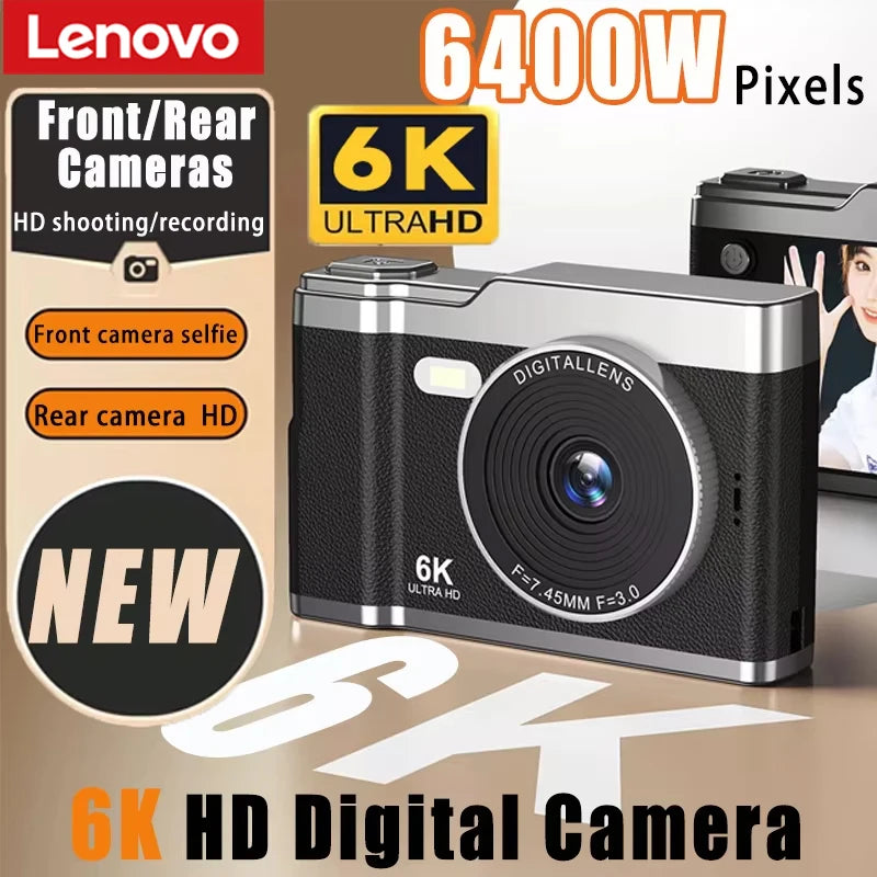 Cámara Digital Lenovo 6K HD con Pantalla IPS de 2.4 Pulgadas, Cámara Dual, Luz de Relleno, Zoom 8x, Cámara de Video Portátil para Estudiantes, Cámara para Selfies