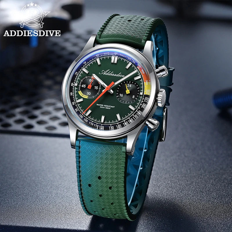 Reloj ADDIESDIVE nuevo para hombre, 38 mm, cronógrafo VK64, caucho fluorado, lujo, cristal abombado, luminiscencia BGW9, resistente al agua 100 m, reloj de pulsera de cuarzo
