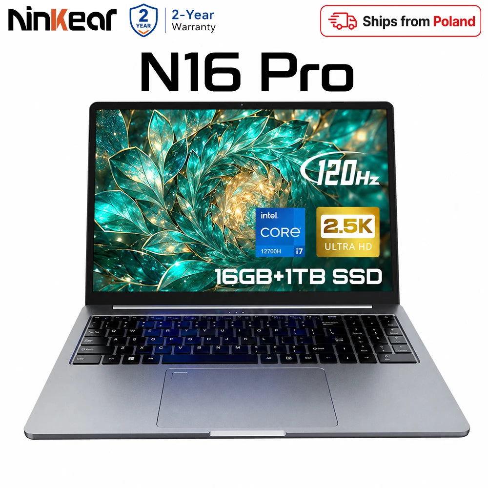 Portátil Ninkear N16 Pro de 16 pulgadas, Intel Core i7-12700H, 16GB RAM, 1TB SSD, 2.5K 120Hz, 100% sRGB, Windows 11, Iris Xe, WiFi 6, carga rápida PD de 65W, lector de huellas.