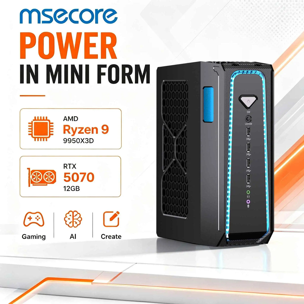 PC para juegos con refrigeración líquida MSECORE, AMD Ryzen 9 9950X3D, tarjeta gráfica RTX5070, memoria DDR5, doble SSD NVMe M.2, WiFi6E, BT5.3, LAN 2.5G, 8K