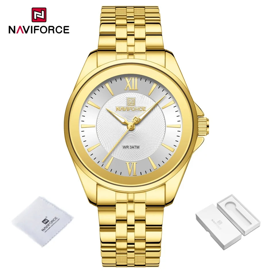 Reloj NAVIFORCE para mujer, creativo, con correa de acero inoxidable, a la moda, elegante, de cuarzo, resistente al agua 30m, reloj de pulsera femenino