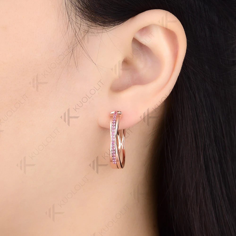 Pendientes de Aro Personalizados Kuololit con Zafiro Rosa Cultivado en Laboratorio de 0.32CTW para Mujer, Oro Amarillo Sólido de 14K 10K para Fiesta, Navidad, Clásicos