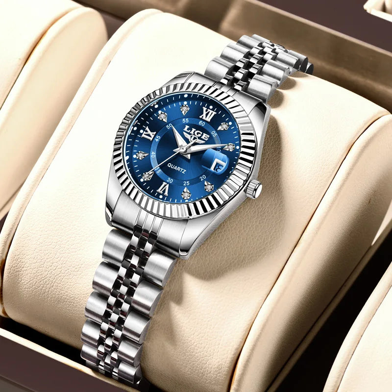 Reloj de pulsera LIGE de moda para mujer, resistente al agua, luminoso, con fecha, elegante reloj de cuarzo de acero inoxidable para mujer