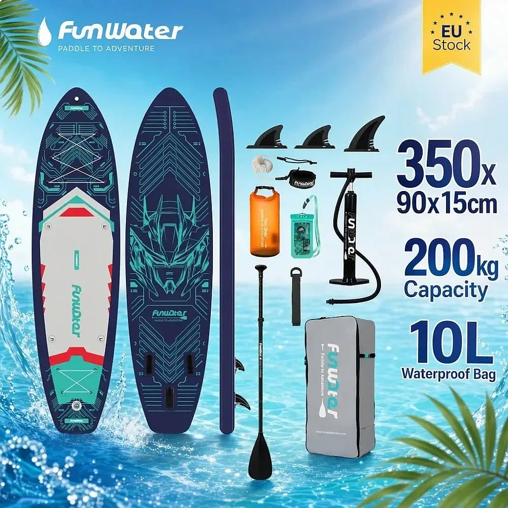 FunWater SUPFW50B Tabla de Paddle Surf Inflable 350x90x15cm para Adultos, Capacidad de 200kg, con Bolsa Impermeable de 10L, Inflador, Mochila, Remo y Correa de Seguridad