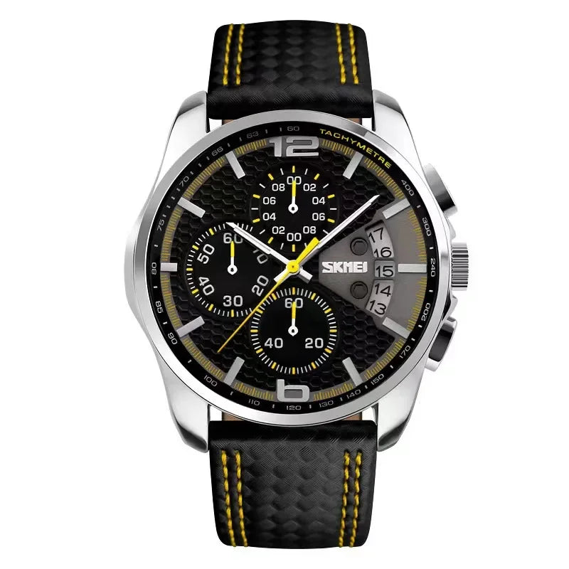 Reloj de pulsera de cuarzo Skmei, marca de lujo con correa de piel, resistente al agua 5Bar, estilo deportivo y elegante para hombre 9106