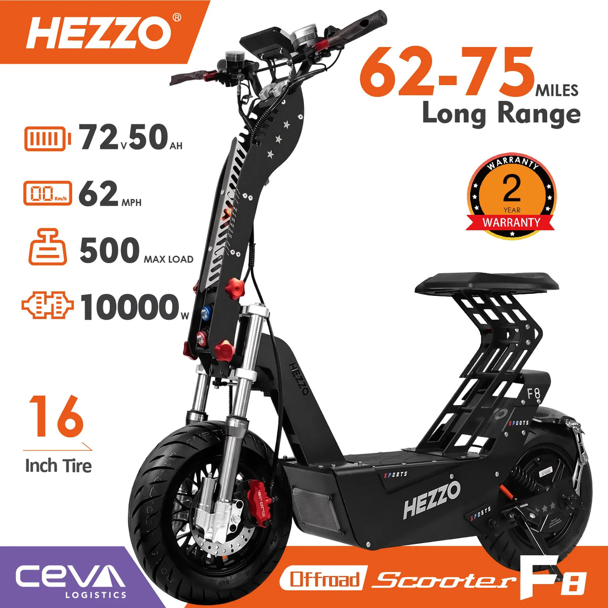 Patinete eléctrico HEZZO F8 negro plegable con suspensión completa y asiento
