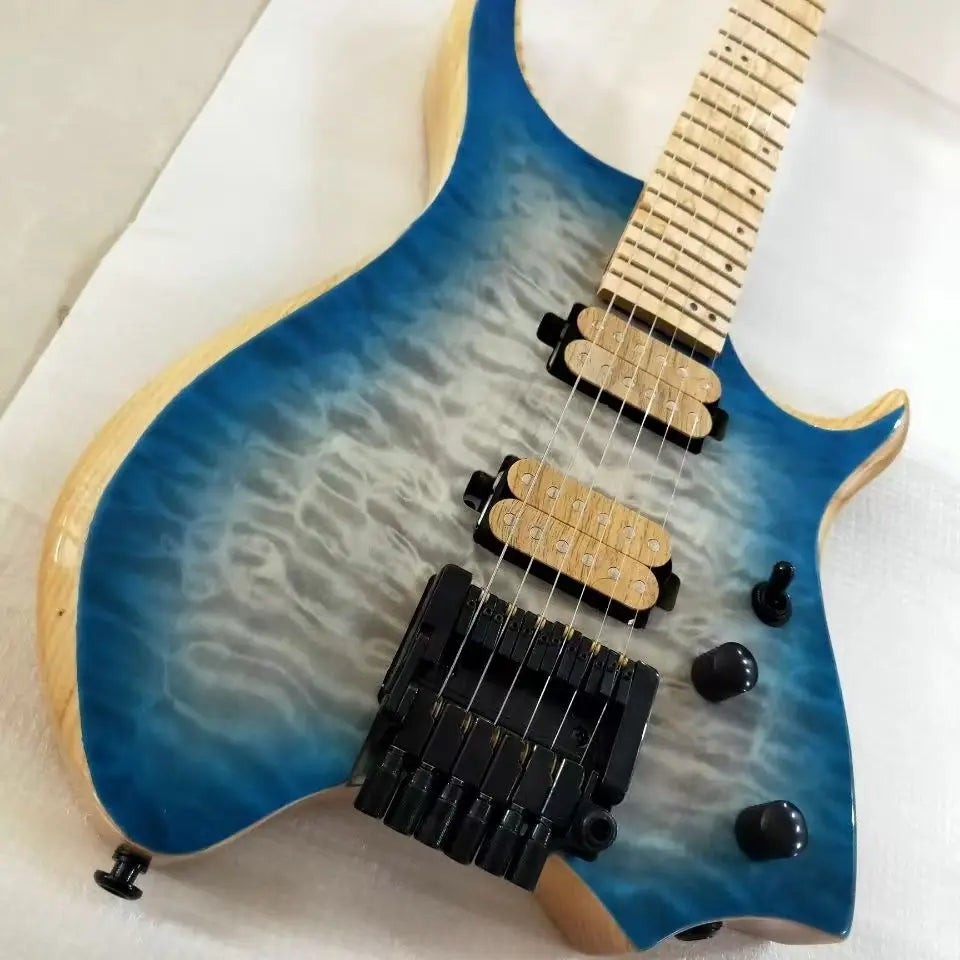 Tapa sólida de caoba de arce, 6 chapas de flores grandes, Color degradado azul y negro, nuevo cuerpo de madera de olmo sin cabeza, diapasón de guitarra eléctrica