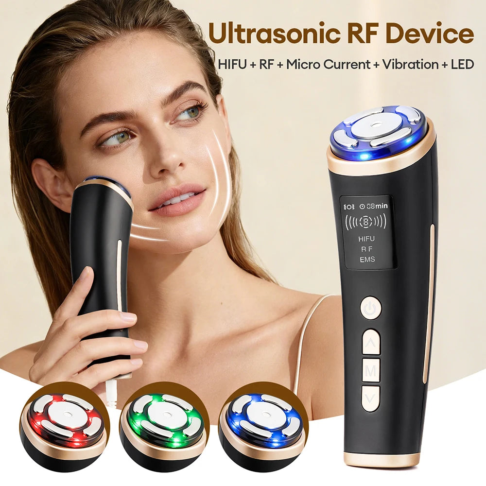 Máquina HIFU Mini para Uso Doméstico, Dispositivo de Rejuvenecimiento Facial con Radiofrecuencia, LED y Ultrasonido, Masajeador Antiarrugas para Rostro, Mentón, Cuello y Ojos