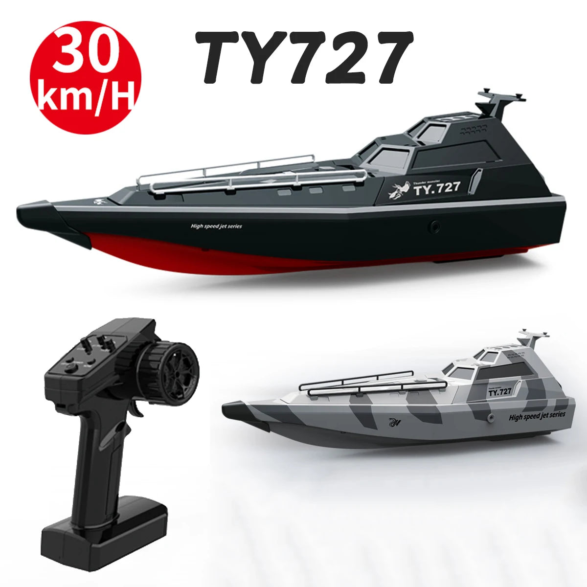 Lancha teledirigida TX727 2.4G con bomba de chorro TURBOJET, alta velocidad de 30 km/h, motor con escobillas 390, alarma de batería baja y modelo de lancha rápida.