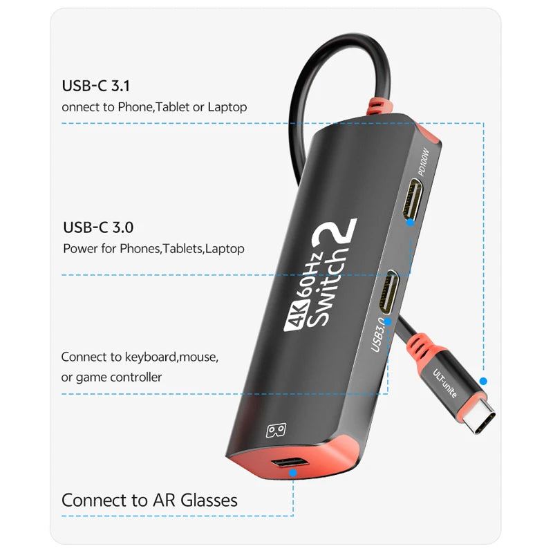 Hub USB-C 4K60Hz para Switch 2/Oled, Adaptador de Gafas AR Tipo C 2K120Hz, Estación de Acoplamiento de 10Gbps y 100W para iPhone 18, Steam Deck y Portátil