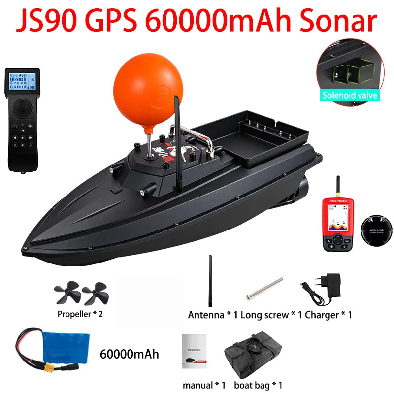 JS90 Barco cebador GPS 12V, velocidad 280 m/min, 100 puntos de pesca, carga de 3 kg, crucero y retorno automático, ajuste de 3 velocidades, bola antivuelco