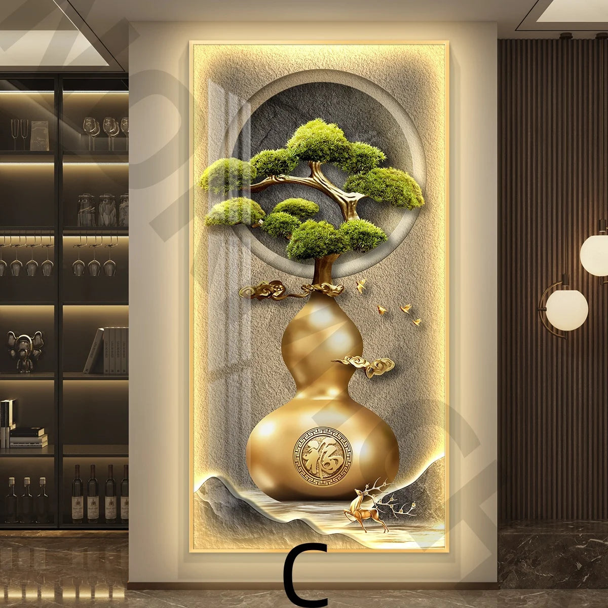 Cuadro mural iluminado con marco dorado: calabaza dorada con árbol verde y hojas redondeadas