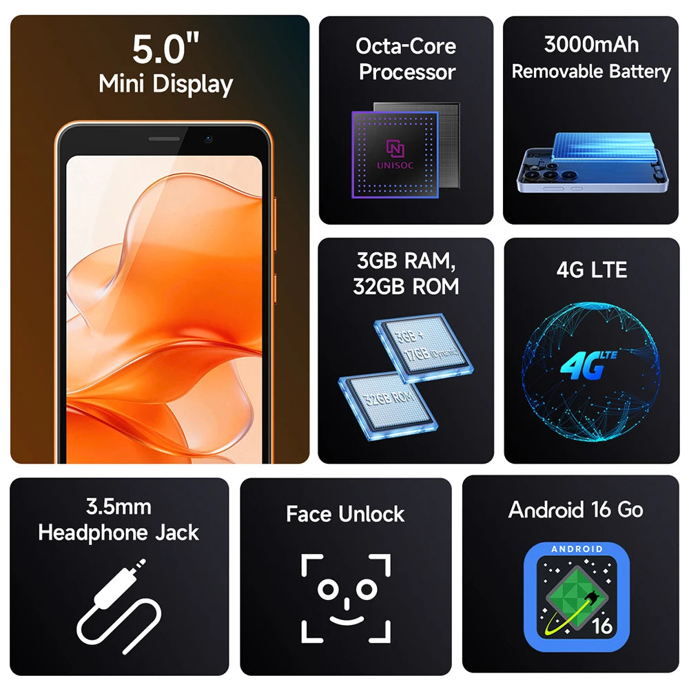 【Estreno mundial】Smartphone Ulefone Note 22 Mini de 5,0", Android 16, batería extraíble, teléfono móvil, doble SIM en espera, versión global