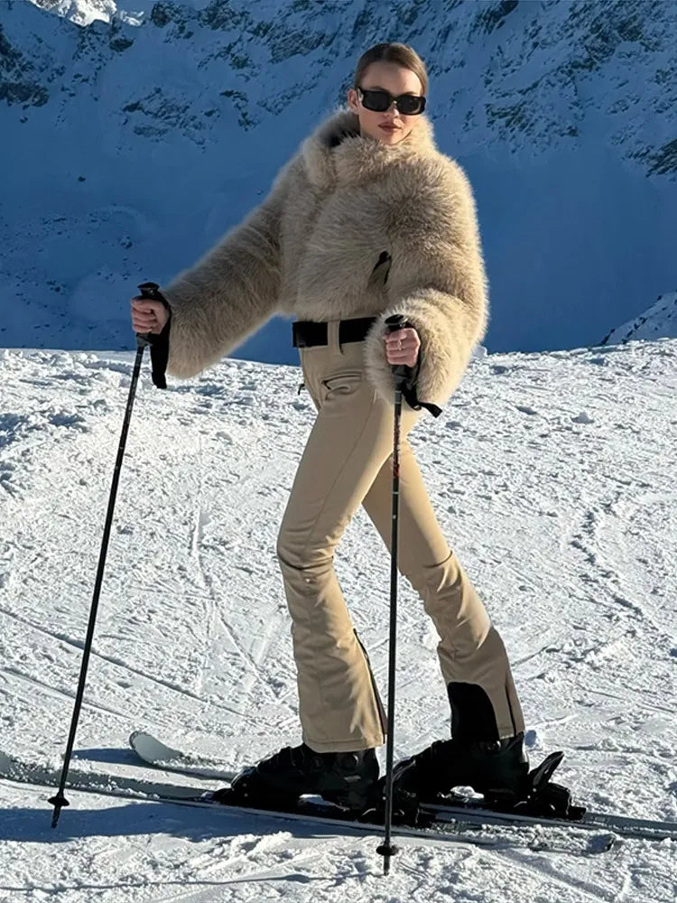 Traje de esquí de una pieza para mujer con parches de piel sintética, con cremallera, a prueba de viento, impermeable, cálido, para snowboard, para deportes de nieve al aire libre en invierno.