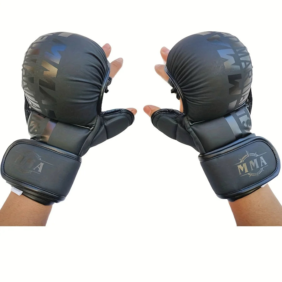 Guantes de boxeo MMA profesionales para hombres y mujeres: diseño duradero grueso de medio dedo con correas ajustables para la muñeca para entrenamiento UFC